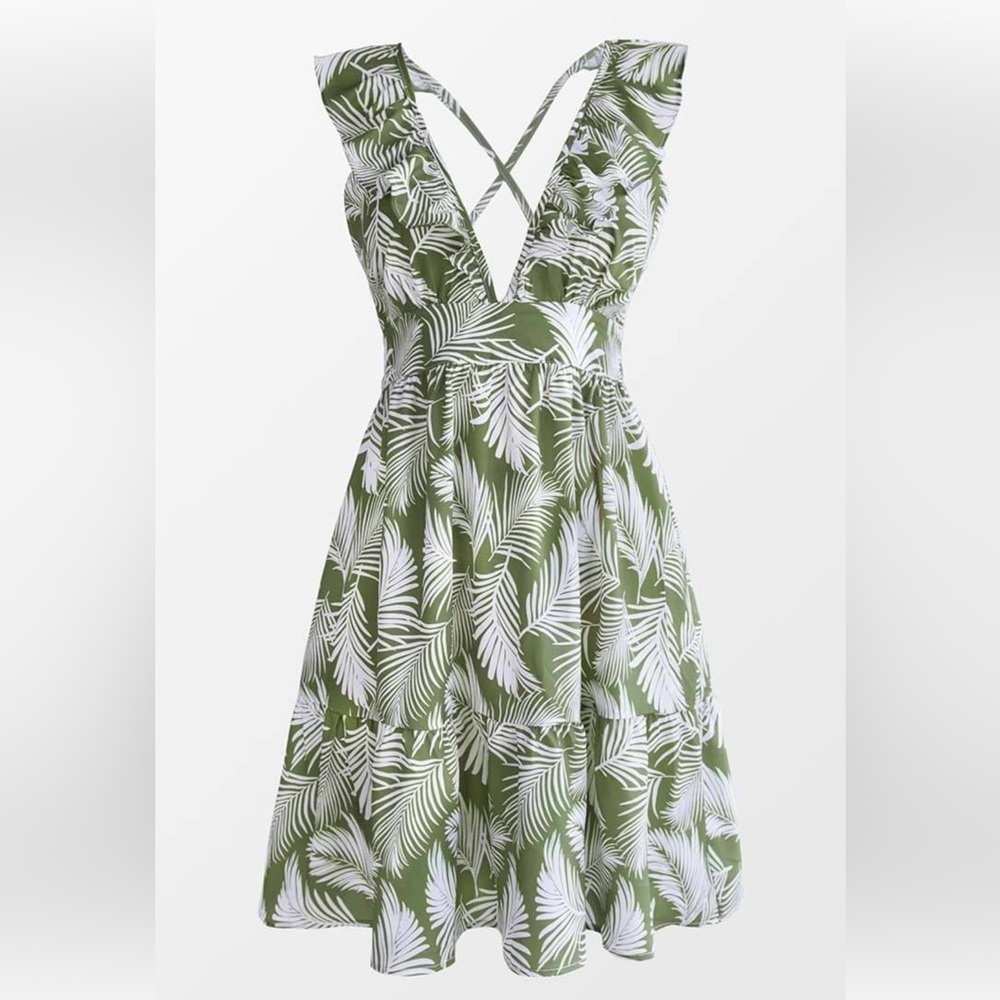 Cupshe Leaf Print Dress Large Womens Green Ruffle Beach Sundress Boho NWT! - Picture 2 of 10